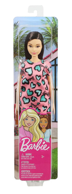 Barbie Chic-pop met bruin haar in roze jurk met hartjes