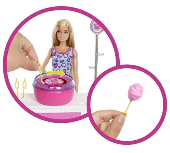 Barbie suikerspinkraam met pop en accessoires