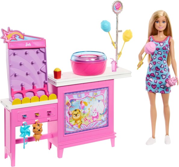 Barbie suikerspinkraam met pop en accessoires