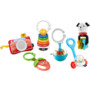 Les six mini-jouets du coffret éveil musique de Fisher Price.